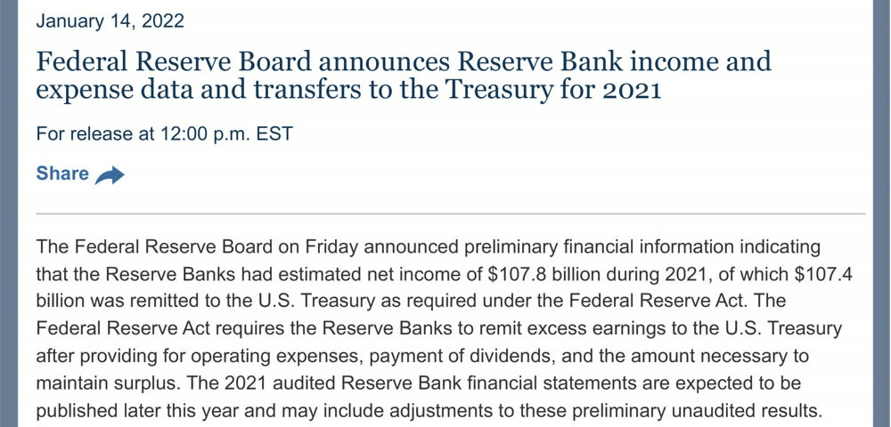 Federal Reserve Board press release of January 14, 2022: $107.4 billion remitted to the U.S. Treasury for 2021