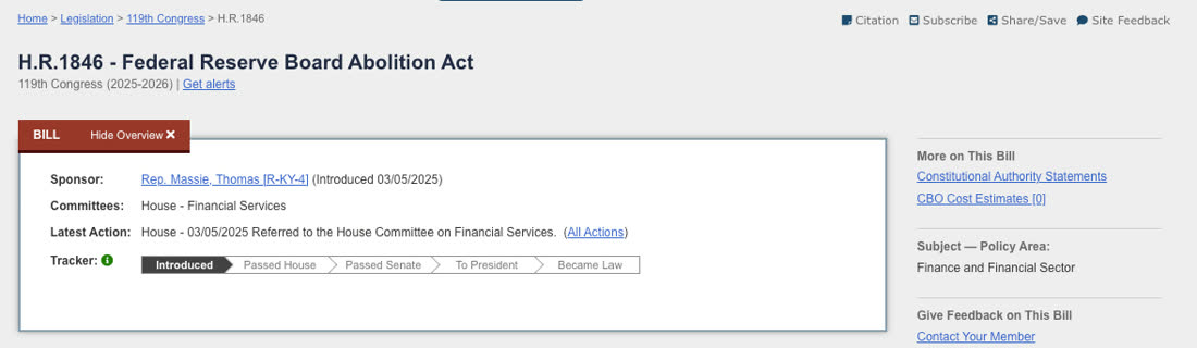Congress.gov status of H.R. 1846, Federal Reserve Board Abolition Act, 119th Congress: introduced, no further action