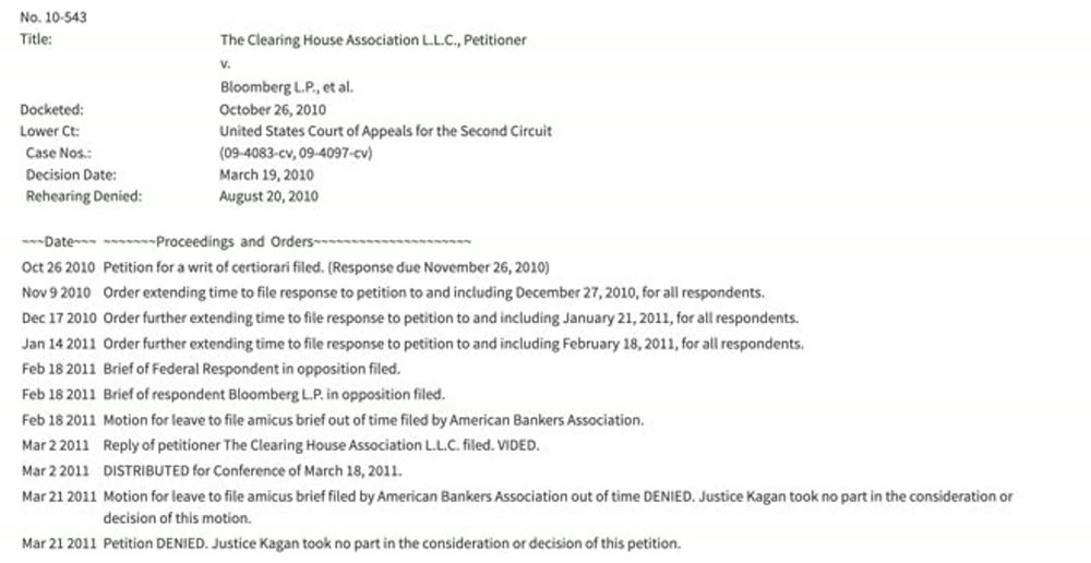 Supreme Court docket No. 10-543, The Clearing House Association v. Bloomberg L.P.: petition denied March 21, 2011