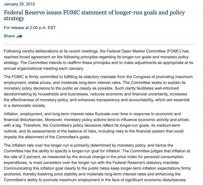 Federal Reserve press release of January 25, 2012: FOMC statement of longer-run goals naming inflation at the rate of 2 percent